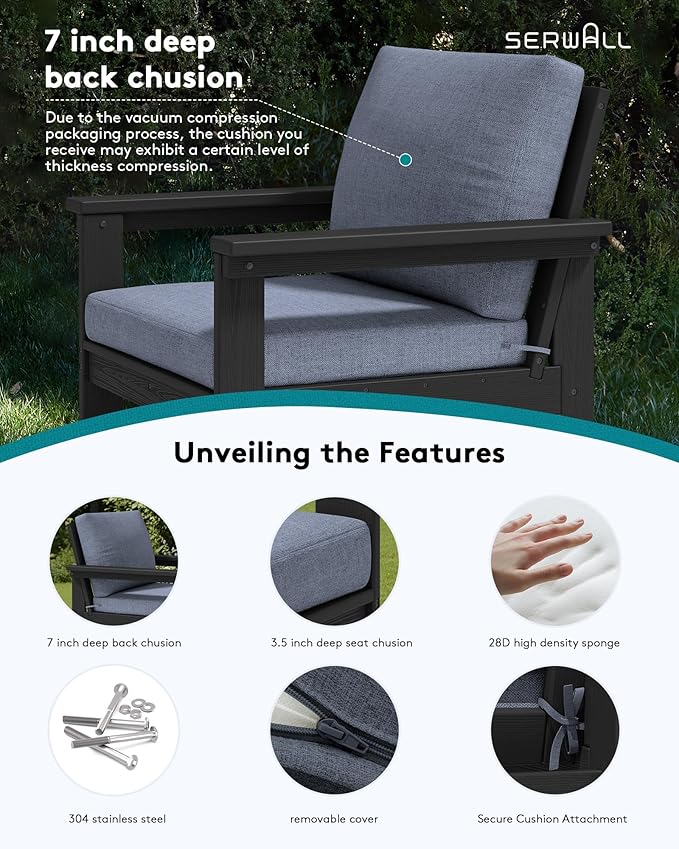 SERWALL HDPE Patio Furniture Set, 7-piece Outdoor Sectional Sofa Set, All Weather Outdoor Couch Set for Deck, Lawn, Black Frame with Grey Cushion