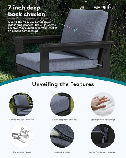 SERWALL HDPE Patio Furniture Set, 7-piece Outdoor Sectional Sofa Set, All Weather Outdoor Couch Set for Deck, Lawn, Black Frame with Grey Cushion