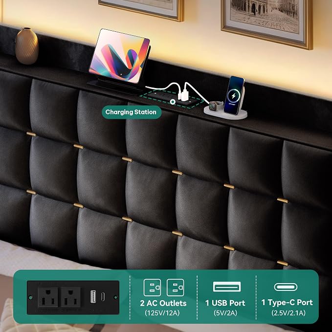 YITAHOME King Size Bed Frame with 4 Drawers and RGB LED Lights, Velvet Upholstered Platform Bed with Charging Station and Storage Headboard, No Box Spring Needed, Easy Assembly, Noise-Free, Black