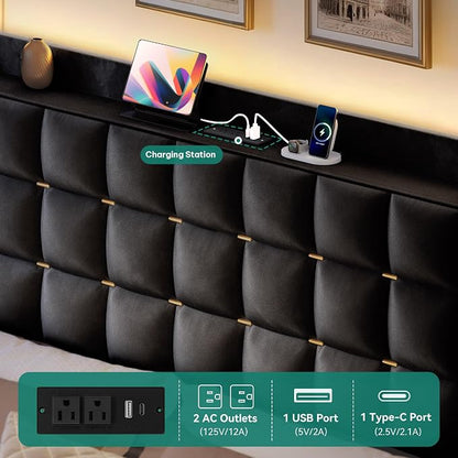 YITAHOME King Size Bed Frame with 4 Drawers and RGB LED Lights, Velvet Upholstered Platform Bed with Charging Station and Storage Headboard, No Box Spring Needed, Easy Assembly, Noise-Free, Black