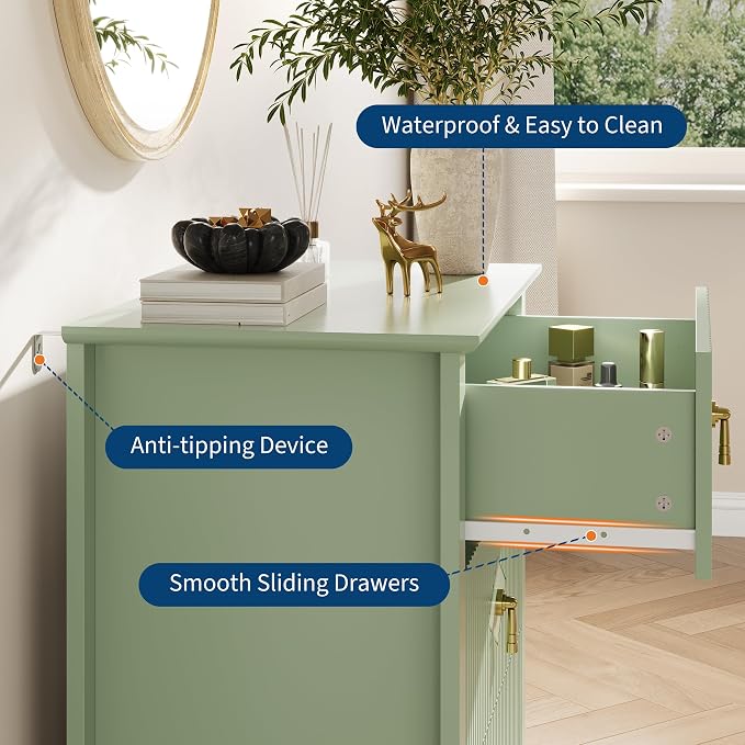 GarveeHome 2Pcs Wood Nightstand Fluted Dresser for Bedroom, 27.5" Wide 3-Drawer Bedside Tables, Modern Chest of Drawers, Storage End Table Living Room, Hallway, Entryway, Green
