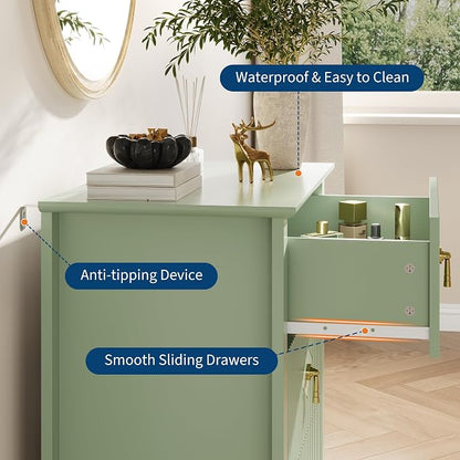 GarveeHome 2Pcs Wood Nightstand Fluted Dresser for Bedroom, 27.5" Wide 3-Drawer Bedside Tables, Modern Chest of Drawers, Storage End Table Living Room, Hallway, Entryway, Green
