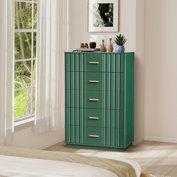 Fluted 5 Drawers Dresser for Bedroom, 47" Tall Modern Chest of Drawers with Metal Handle, Wooden Dresser TV Stand, Wood Closet Clothes Storage Organizer for Living Room, Hallway, Green