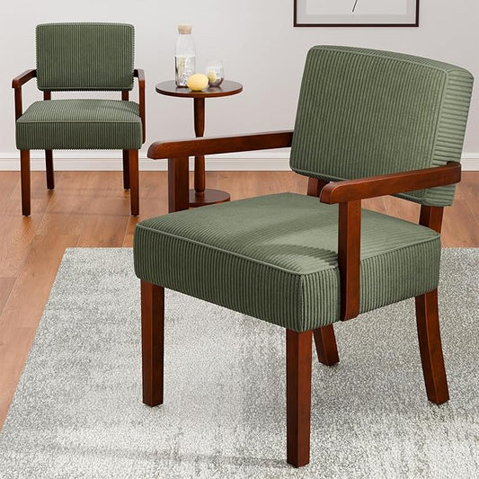 FAGAGA Corduroy Accent Chair Set of 2 with Table, Mid Century Modern Armchairs with Solid Wood Frame, Oversized Reading Leisure Chair for Living Room, Bedroom (Corduroy Green, Set of 2 with Table)