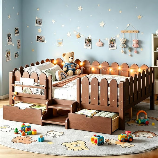 Bellemave Full Size Platform Bed with Storage Drawers & Bookshelf for Boys Girls, Kids Full Bed Frame with LED Lights & Stairs for Children's Room, Deep Natural