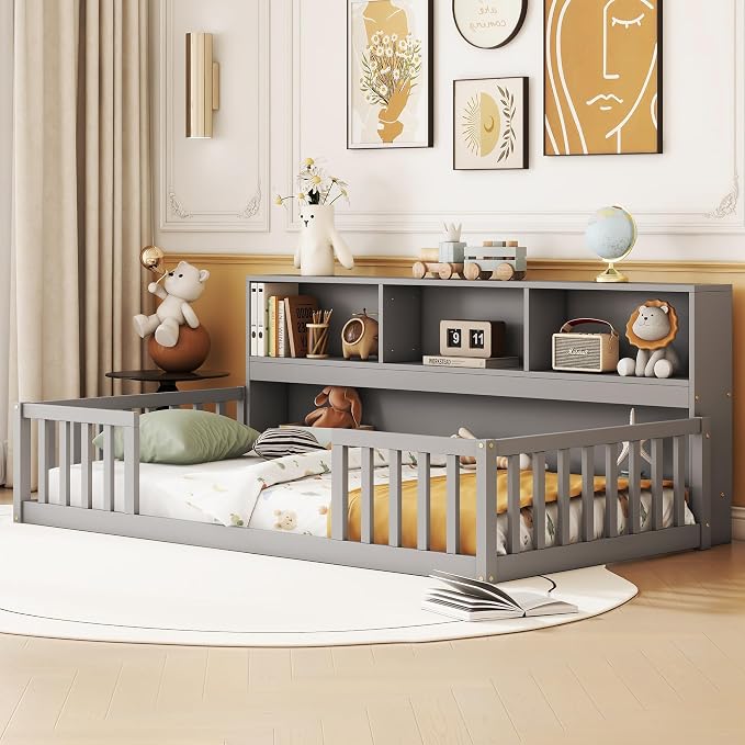Bellemave Kids Montessori Floor Bed Twin Size,Floor Bed Frame with Bookcase and Shelves for Kids Boys Girls,Twin,Gray