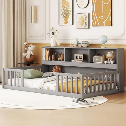 Bellemave Kids Montessori Floor Bed Twin Size,Floor Bed Frame with Bookcase and Shelves for Kids Boys Girls,Twin,Gray