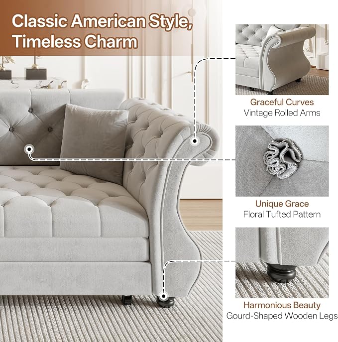 83.8" Oversized Pull Out Sofa Bed, Chesterfield Velvet Sleeper Sofa Couch with Roll Arm & Flower Tufting, Heavy Duty Metal Frame Convertible Sofa for Living Room, Apartment, Guest Room, Light Grey