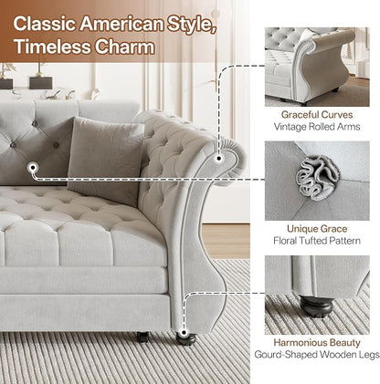 83.8" Oversized Pull Out Sofa Bed, Chesterfield Velvet Sleeper Sofa Couch with Roll Arm & Flower Tufting, Heavy Duty Metal Frame Convertible Sofa for Living Room, Apartment, Guest Room, Light Grey