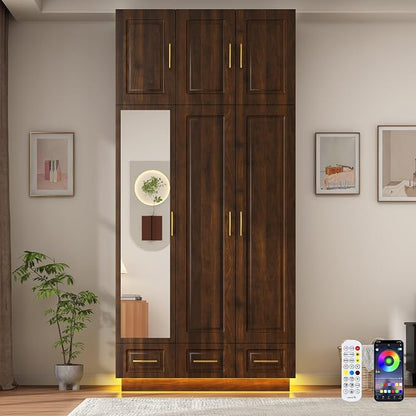 Hlivelood Large Armoire Wardrobe Closet Cabinet with Drawers and LED Lights, Multi-Tier Shelves, Hanging Rod, Large Capacity Storage 3 Door Wardrobe Armoire with Top Cabinet for Bedroom, Brown