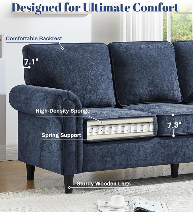 Kingfun 3 Seater Couch, Mid Century Modern Sofa with Rolled Arms and Deep Seats, Fluffy Comfort for Living Room, Apartment, Easy Assembly, Blue