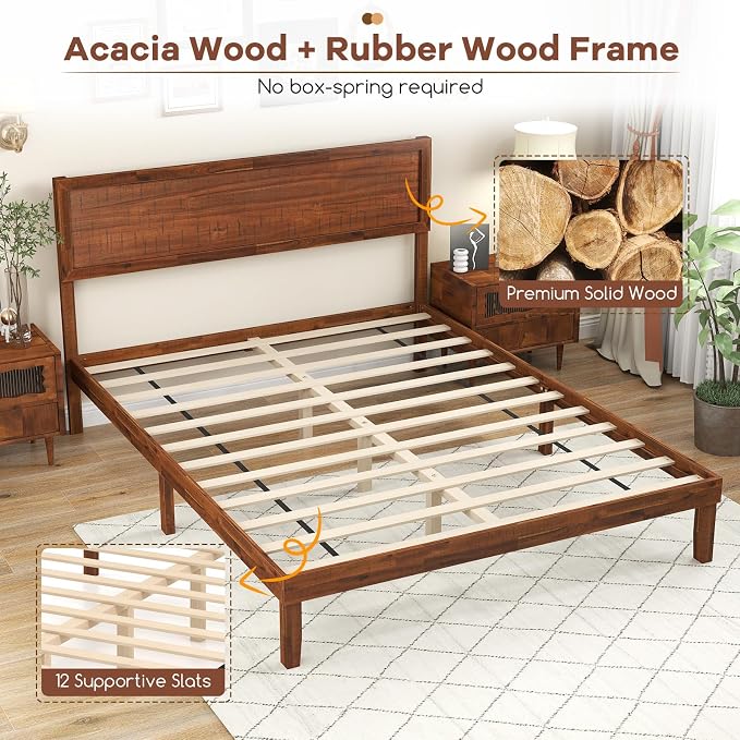 KOMFOTT Queen Size Wood Bed Frame with Headboard, Solid Acacia Wood Platform Bed Frame, Wooden Slats Supported Bed Base with Under-Bed Storage Space, No Box Spring Needed, Wood Queen Bed (Brown,Queen)