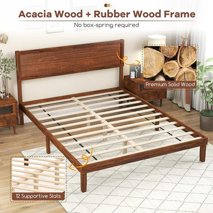KOMFOTT Queen Size Wood Bed Frame with Headboard, Solid Acacia Wood Platform Bed Frame, Wooden Slats Supported Bed Base with Under-Bed Storage Space, No Box Spring Needed, Wood Queen Bed (Brown,Queen)