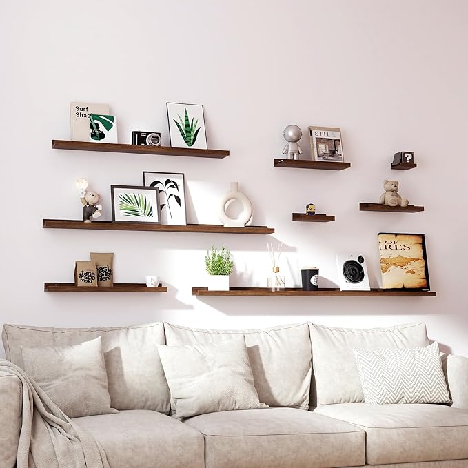 Floating Shelves for Wall Decor, Wall Mounted Wood Storage Shelf for Bedroom, Living Room, Bathroom, Kitchen, Nursery, Display Picture Ledge Shelf with Lip Set of 2-14 Inches, Walnut