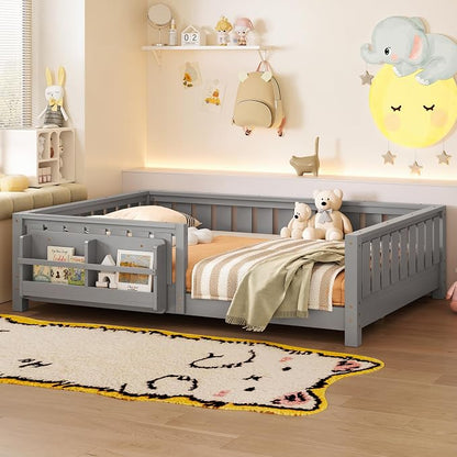 Bellemave Gray Montessori Floor Bed with Fence and Slats, Full Size Montessori Floor Bed with Bookcase and High Rails, Easy Assemble Bed Frame for Girls, Boys, Full