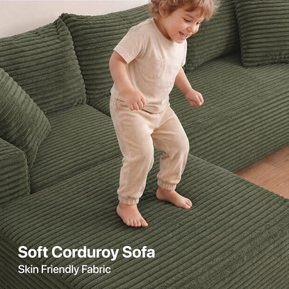 Claiks 104" Boneless Couch, Cloud Couch Sectional, L-Shape Corduroy Modular Sectional Sofa Deep Seat, Upholstered Couches for Living Room, No Assembly Required, Green