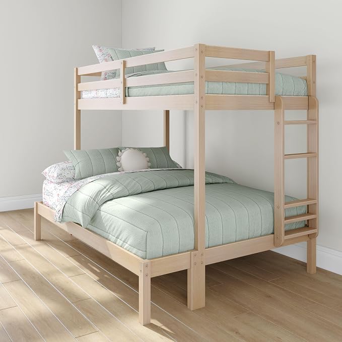 Grain & Grove Bear Twin Over Full Bunk Bed, Sturdy Bunk Bed Frame for Kids, Plywood Bunk with Ladder, Guardrail, and Slats, No Box Spring Required, Oak Embossed Natural