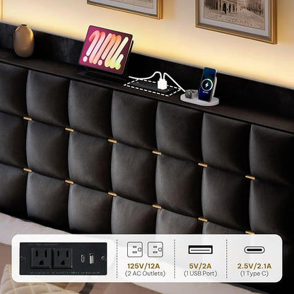 YITAHOME Queen Size Bed Frame with 3 Storage Drawers and RGB LED Lights, Velvet Upholstered Bed with Charging Station and Storage Headboard, No Box Spring Needed, Easy Assembly, Noise-Free, Black
