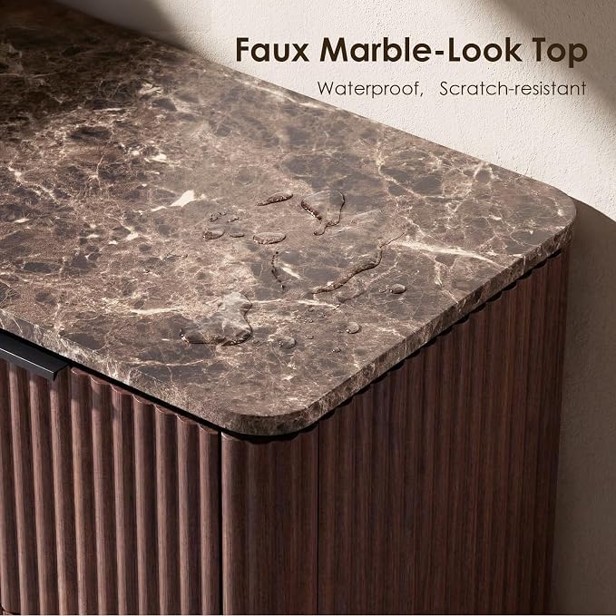 Dresser for Bedroom with 7 Drawers, 54"W Chest of Drawers, Fluted Dresser with Faux Marble Top, Curved Profile Design, Metal Handle, Wood Closet Storage Organizer for Living Room, Hallway, Dark Oak