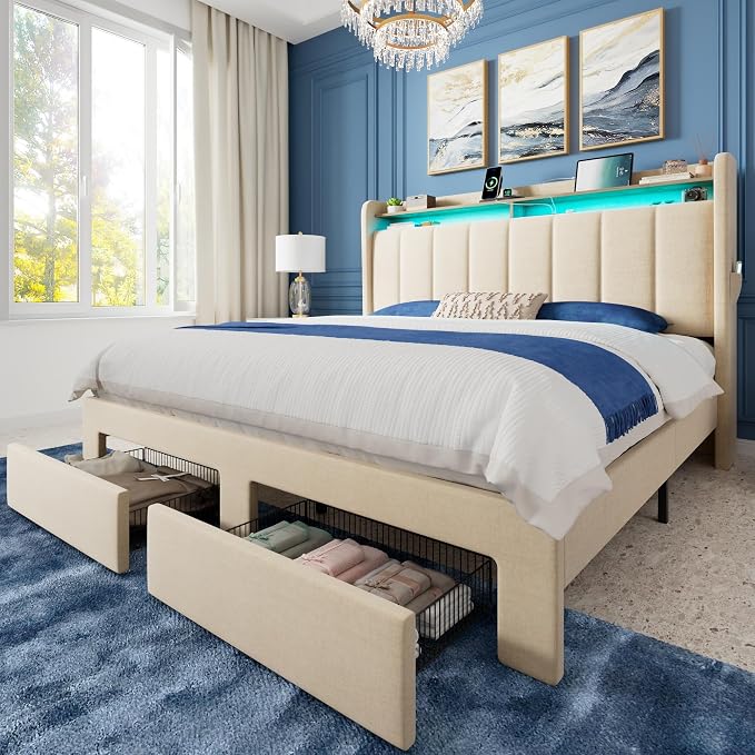 Allewie Vertical Tufted Full Size Upholstered Platform Bed Frame with 2-Tier LED Storage Headboard & 2 Storage Drawers, USB & Type-C Charging Ports, Noise-Free/No Box Spring Needed, Beige