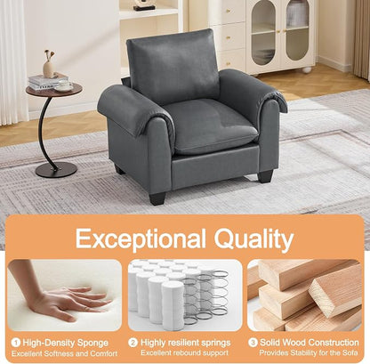 44.5" Faux Leather Single Sofa, Oversized Accent Chair with Curved Armrests, Cloud Modern Sofa Upholstered Deep Seat Reading Chair Armchair for Living Room, Bedroom，Grey