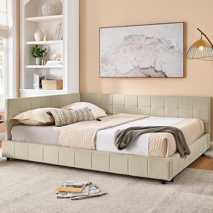 Bellemave Queen Size Corner Bed Frame with Comfortable Backrest and Armrests, Velvet Tufted Corner Bed Frame Queen Size, Upholstered Daybed for Bedroom, Living Room, Guest Room, Beige