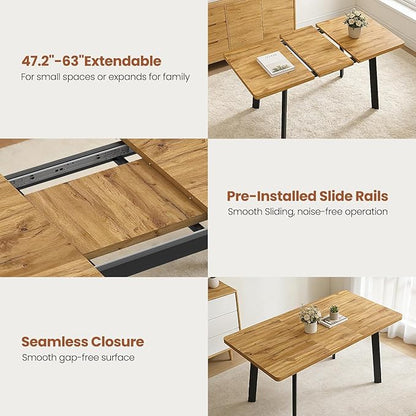 Extendable Dining Table Set for 4 to 8 People, 47.2" to 63" Modern Kitchen Table Set with 6 Chairs, MDF Dining Room Table and Chairs with Removable Extension Leaf (Walnut Table+U-Shaped White Chairs)