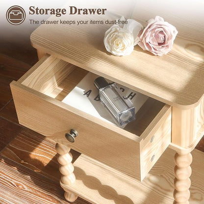 AWASEN Night Stand, Small End Table with Storage for Living Room, Farmhouse Bedside Side Table with Spindle Wood Legs for Bedroom, Office, Natural