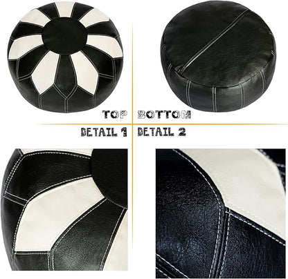 Thgonwid Unstuffed Moroccan Faux Leather Pouf Ottoman Cover with Storage - Boho Chic Multi-Use Footrest for Living Room, Bedroom, Patio - Round Ethnic Floor Cushion & Decorative Accent, Black&White