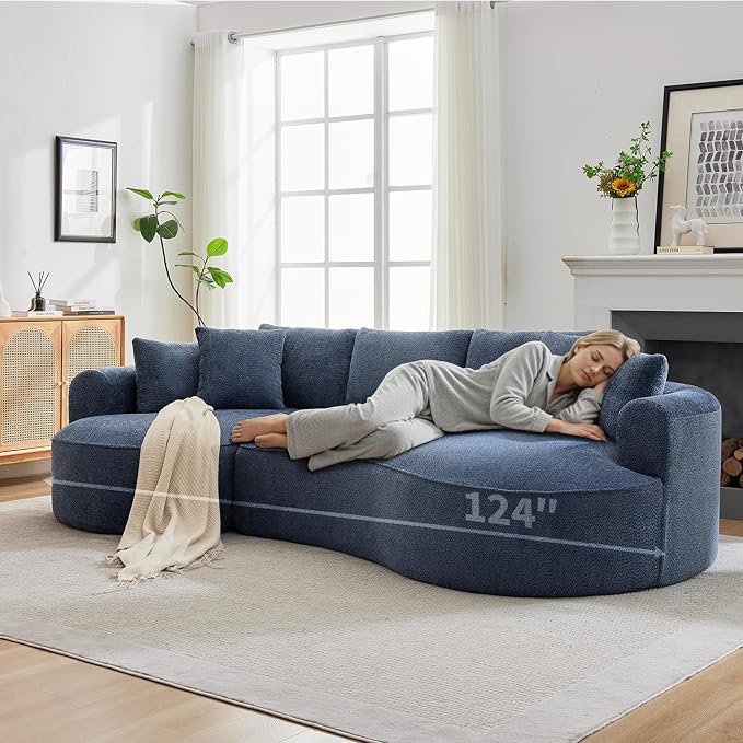 Opiesit 124" Oversized Boneless Couches for Living Room, Sectional Curved Sofa with 7 Pillows, L-Shape Boneless Couch with Deep Seat, High-Density Memory Foam, No Assembly Required, Chenille (Blue)