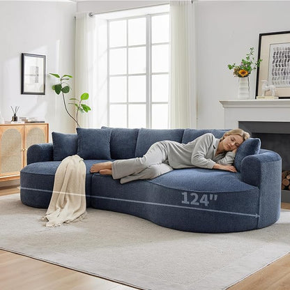 Opiesit 124" Oversized Boneless Couches for Living Room, Sectional Curved Sofa with 7 Pillows, L-Shape Boneless Couch with Deep Seat, High-Density Memory Foam, No Assembly Required, Chenille (Blue)