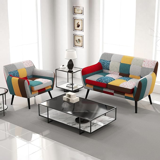 Bonzy Home Modern Colorful 2 Piece Coroful Fabric Sofa Set, Included Accent Chairs and Boho Loveseat Sofa, Linen Patchwork Plaid Couches with Rubberwood Legs and Removable Upholstered for Living Room