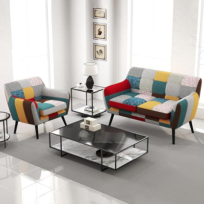 Bonzy Home Modern Colorful 2 Piece Coroful Fabric Sofa Set, Included Accent Chairs and Boho Loveseat Sofa, Linen Patchwork Plaid Couches with Rubberwood Legs and Removable Upholstered for Living Room