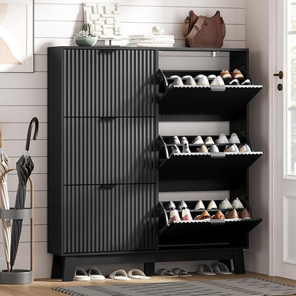 HUANLEGO Shoe Cabinet Storage for Entryway with 6 Flip Drawers, Fluted Narrow Shoe Organizer with Wooden Legs, Freestanding Slim Shoe Storage Hidden Shoe Rack Organizer for Front Door Entrance, Black