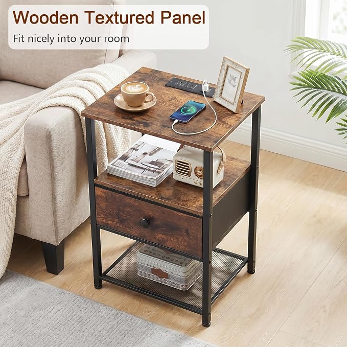 LOAKEKEL Nightstands Set of 2 with Charging Station, Night Stand with Fabric Drawer, End Tables Living Room with Storage Shelf for Small Spaces, Bed Side Tables for Bedroom, Rustic Brown HETS010PBR