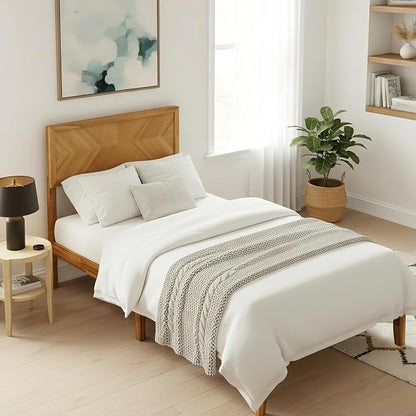 KOMFOTT Twin Size Wood Bed Frame with Headboard, Solid Acacia Wood Platform Bed Frame, Wooden Slats Supported Bed Base with Under-Bed Storage Space, No Box Spring Needed Mattress Foundation