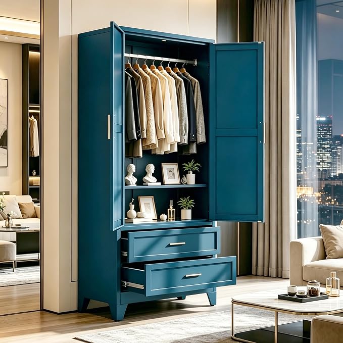 71" H Blue Closet,Armoire Wardrobe Closet,Metal Wardrobe Closet with Doors and Shelves,Large Wardrobe Closet for Bedroom
