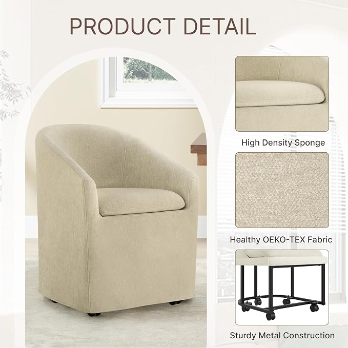 KISLOT Upholstered Dining Chairs Set of 1 with Casters, Modern Side Barrel Armchair with Washable Slipcover & Sturdy Metal Frame for Diningroom Bedroom Livingroom Reading Room, Sand Fabric