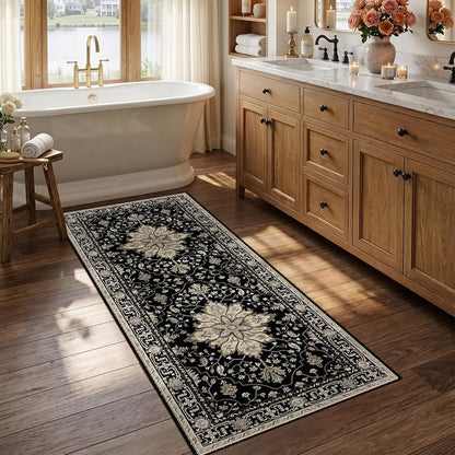 RELEANY Area Rugs Runner 2'6"x5' Washable Non-Slip, Floral Vintage Distress Medallion Carpet for Kitchen Hallway Bedroom Beside Laundry Room Bathroom, Black Brown Neutral Dark Tan