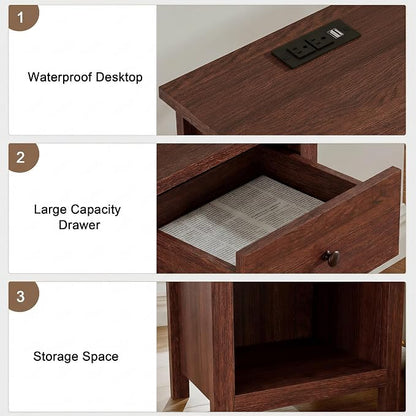 ChooChoo Farmhouse Nightstand Set of 2,Night Stand with Charging Station, Wooden Top Bedside End Table with Drawer and Storage Space for Bedroom, Walnut