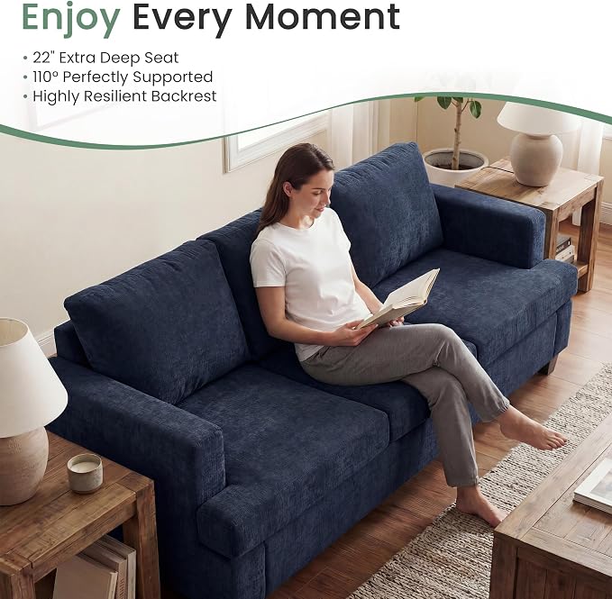 YOUDENOVA Sofa, 89" 3-Seater Deep Seat Sofa, Modern Comfy Couches for Living Room Apartment Lounge, Navy Chenille