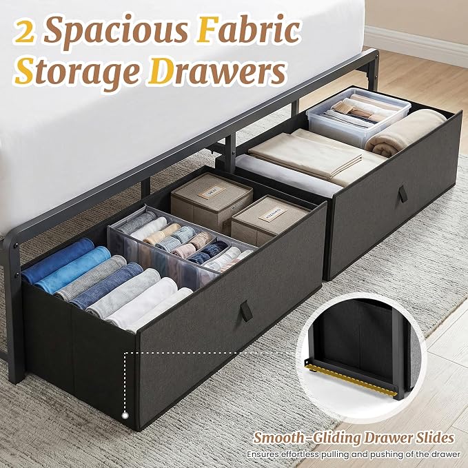 Upholstered Twin Bed Frame with 2-Tier Storage Headboard, Metal Platform Bed with Charging Station, Twin Size Bed Frame with 2 Under Bed Storage Drawers, No Box Spring Needed, Noise-Free
