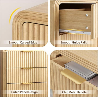 Decofy Fluted Nightstand with Charging Station, Modern Bedroom Side Table with Gold Handles, Curved Profile Design, End Table Wood Organizer for Bedroom, 19.7" & 3 Drawers (1 Pack, Natural Oak)