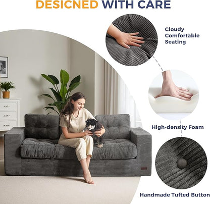 MAXYOYO Oversized Loveseat Sofa Couch, Upholstered Bean Bag Chair Cloud 3-Seat for Adults, Boneless Couch with Tufted Cushion & Pillows, Sofa in A Box, No Assembly Required, Dark Grey