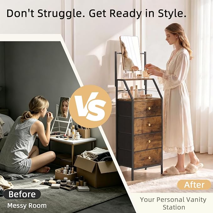 HIGDBFE 4-Drawer Dresser with Mirror, Vanity with 2-Tier Shelves, Fabric Chest of Drawers for Small Space, Vertical Storage Cabinet for Bedroom, Nightstand Bedside Table, Rustic Brown, 15.3" W