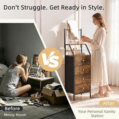 HIGDBFE 4-Drawer Dresser with Mirror, Vanity with 2-Tier Shelves, Fabric Chest of Drawers for Small Space, Vertical Storage Cabinet for Bedroom, Nightstand Bedside Table, Rustic Brown, 15.3" W