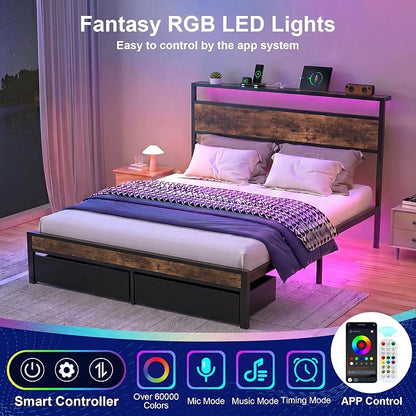 Queen Bed Frame with 2 Drawers and Storage Headboard, Metal Platform with LED Lights and Charging Station, No Box Spring Needed, Noise Free, Easy Assembly
