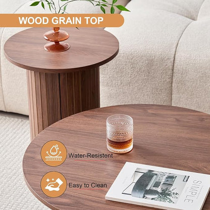 Round Nesting Coffee Tables for Living Room, Set of 2, Brown | φ27.6 + φ15.8 Boho Small Circle Side Tables, Fluted Drum Design Non-Slip Feet Minimalist Modern End Table Wood Grain Finish