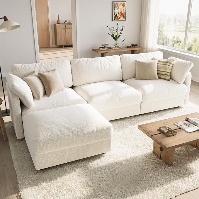 114" Cloud Couch Sectional Couches for Living Room Warm White | 10" High-Resilience Cloud Cushion, 36" Movable Ottoman, Plus-Size Friendly Couch, 28" Extra Deep Seat Sofa