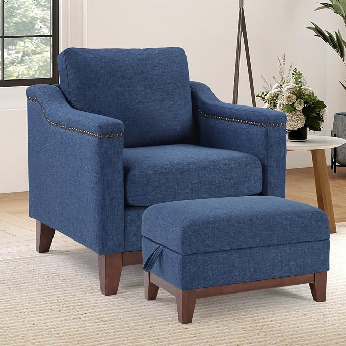 HAOMARKETS 2 Piece Fabric Sofa Set with Nailhead Trim, Included Comfy Accent Chair with Thicked Cushion and Upholstered Storage Ottoman with Flip-Top Table, Living Room Furniture Set,Blue